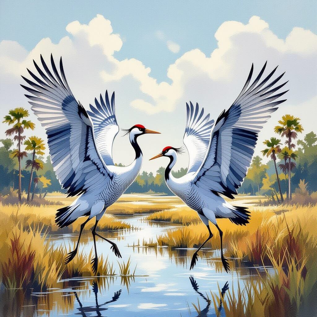 Sandhill Cranes About to Fly, Acrylic Watercolor