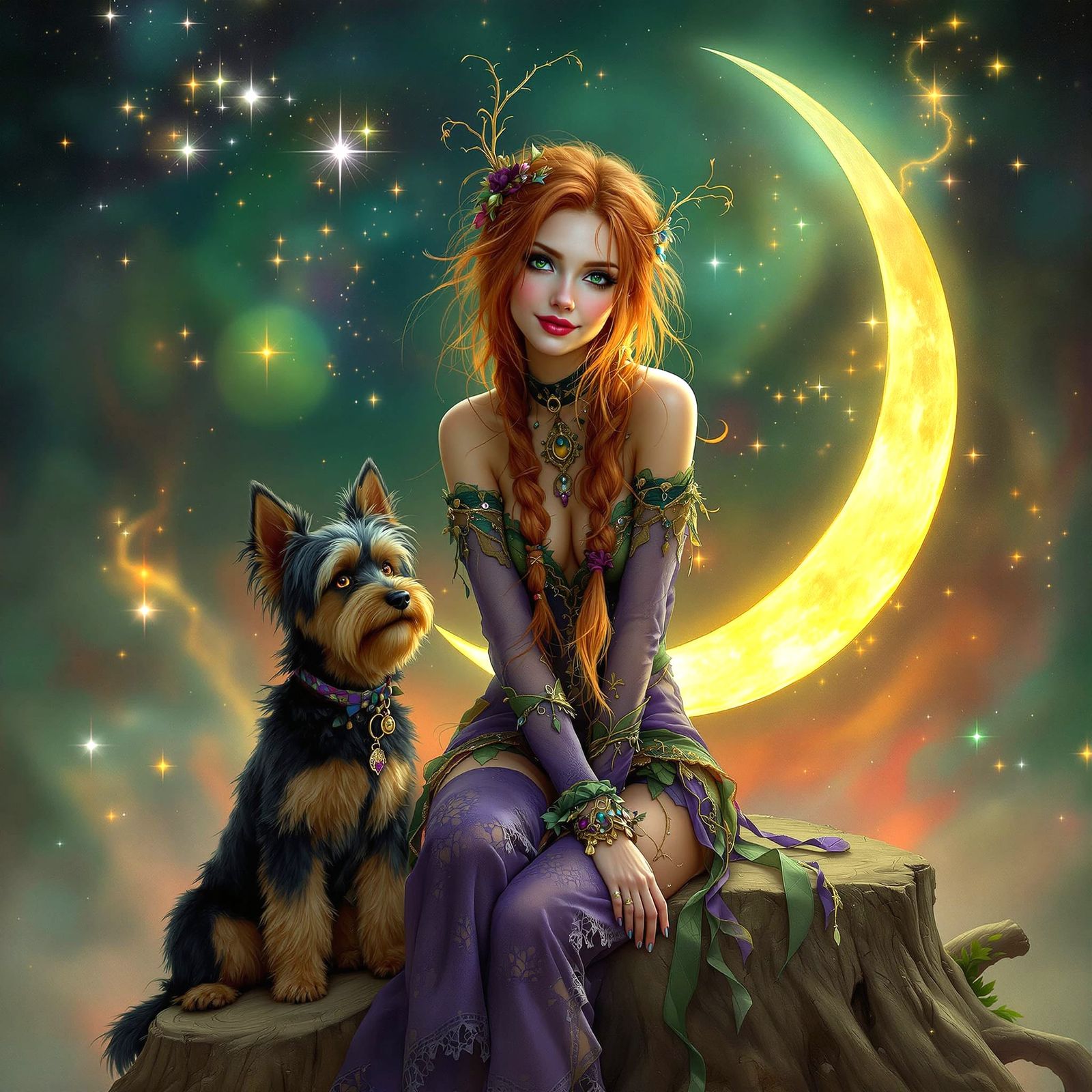 Bohemian Fairy with Yorkshire Terrier in Winter Wonderland