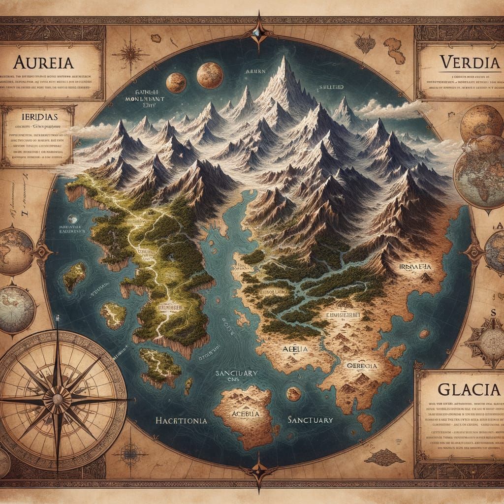 Fantasy World Map: Aurea, Veridia, Aerelia, Glacia in Parchm...