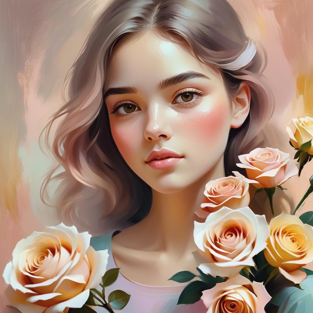 Girl with Roses in Impasto Digital Painting