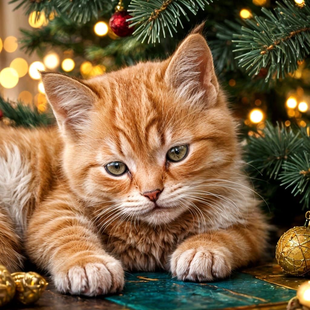 Adorable Kitten Sleeps Beside Sparkling Christmas Tree