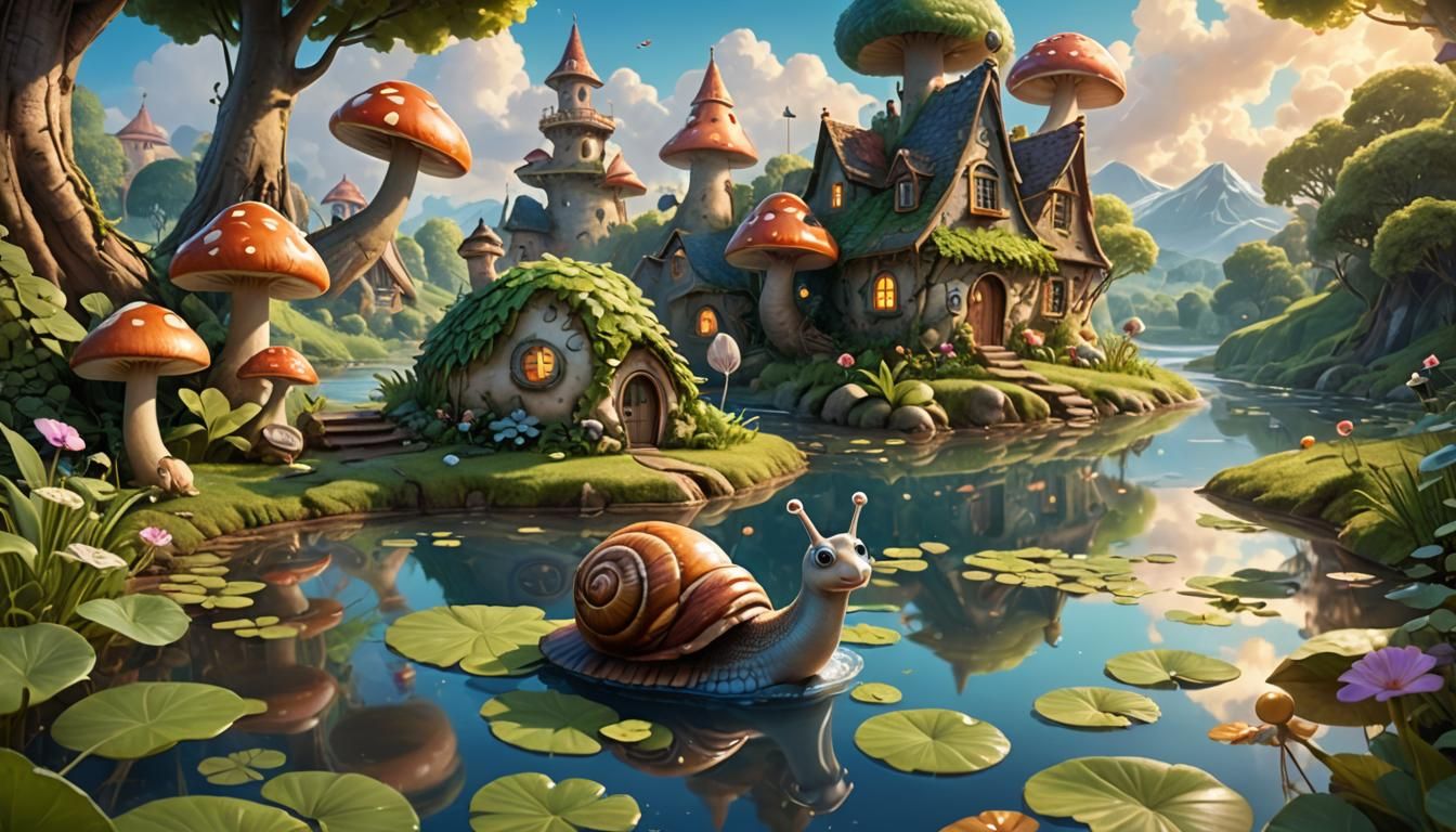 Adorable Snail on Leaf in Pixar-Style Landscape