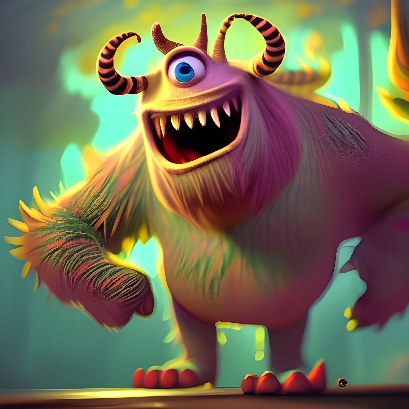 Humorous Cartoon Monster Sneezing, Animated Style
