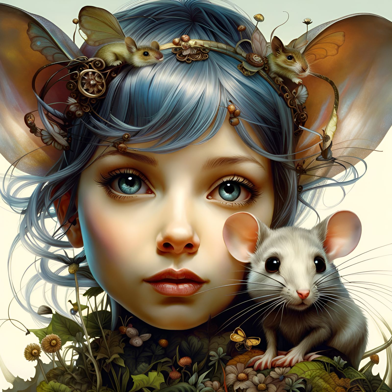 Pixie Girl Portrait with Mouse Familiar
