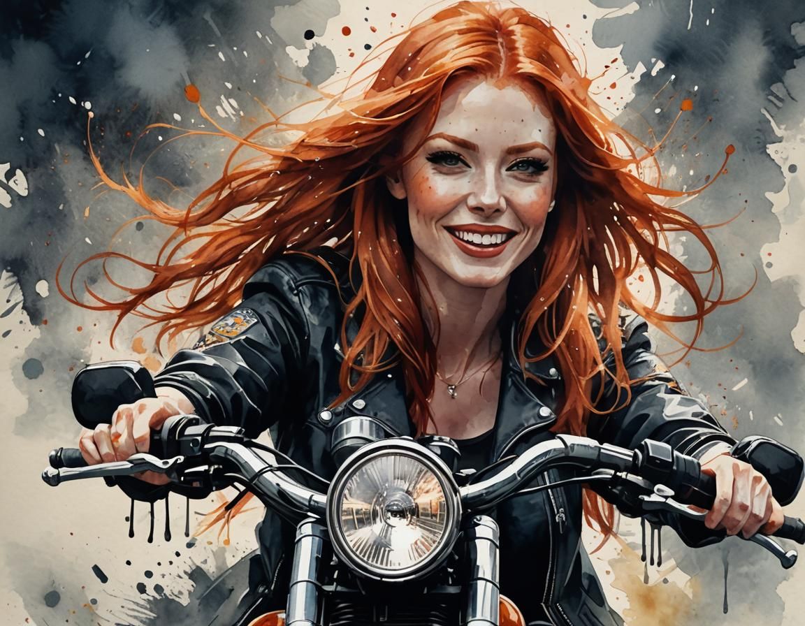 Redhead Biker Girl Portrait in Watercolor Style