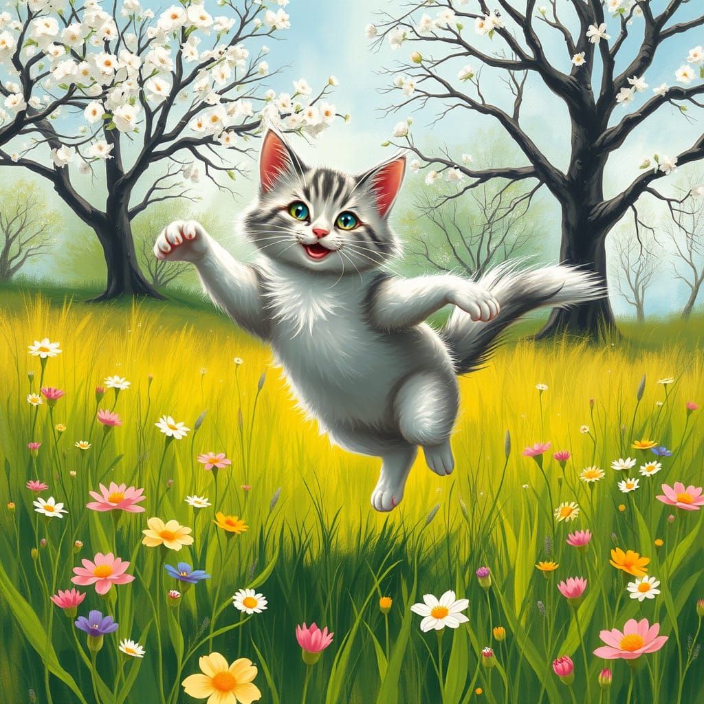 Whimsical Feline in Vibrant Spring Meadow