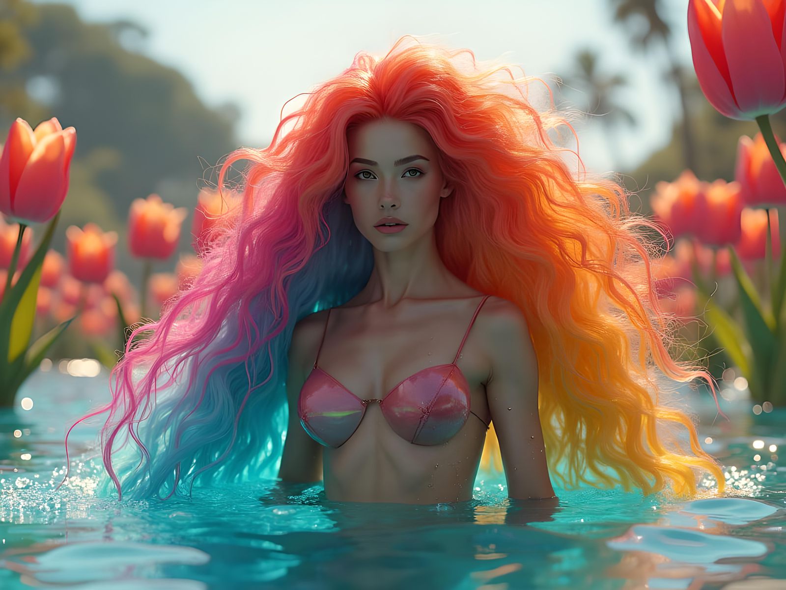 Rainbow Tulip Woman: Hyperrealistic 3D Render in 8K