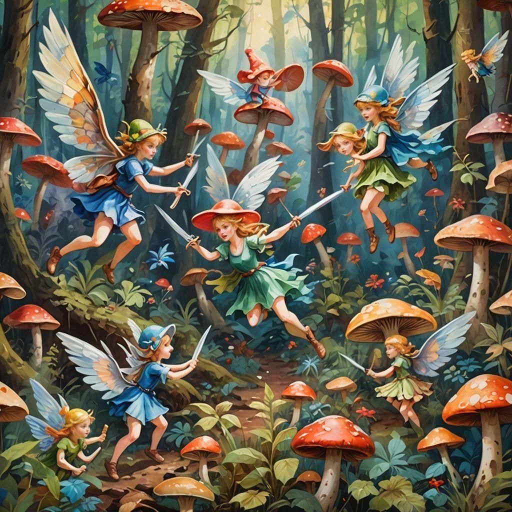Fairies Battle with Mushroom Swords: Gouache Watercolor Art