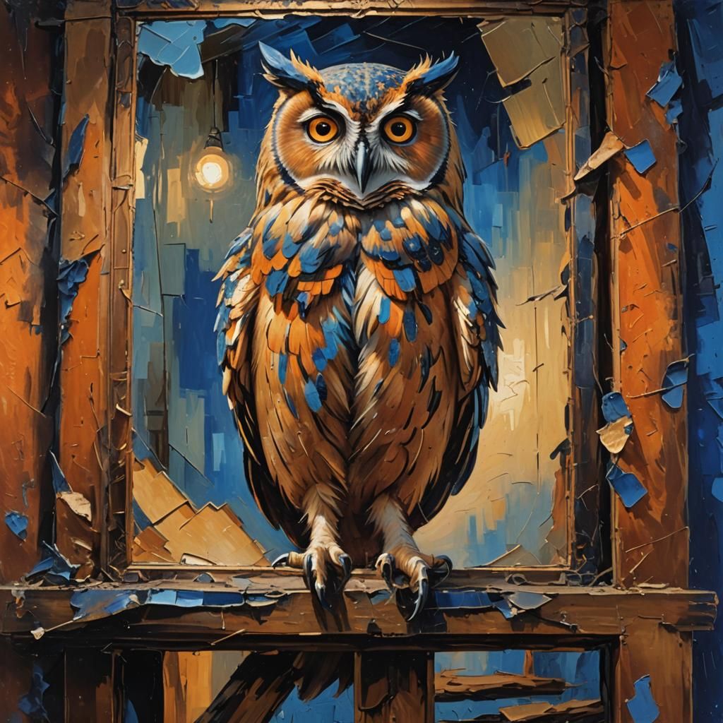 Mystic Owl in Attic: Neo-Impressionist Oil Painting