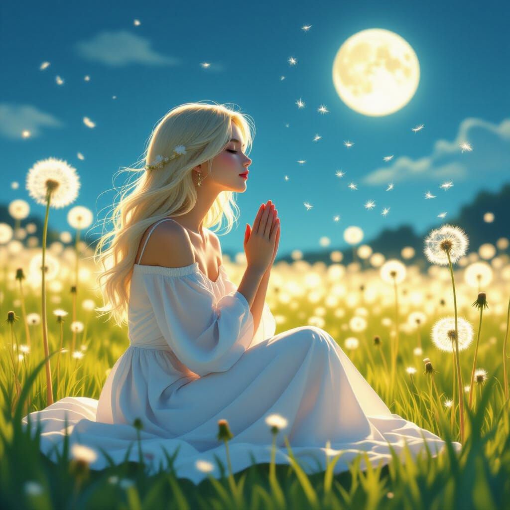 Moonlit Prayer in Ghibli-Inspired Meadow