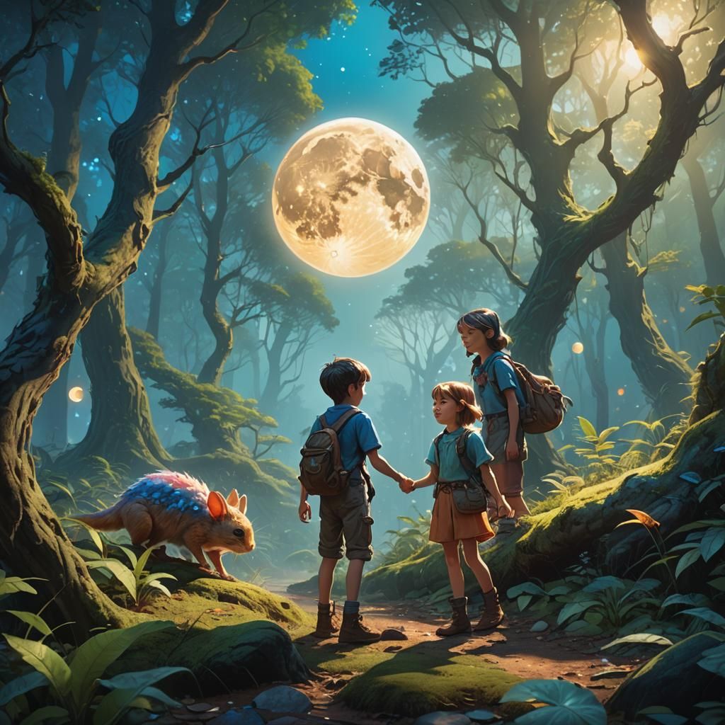 Enchanting Fantasy Forest with Children and Mystical Creatur...