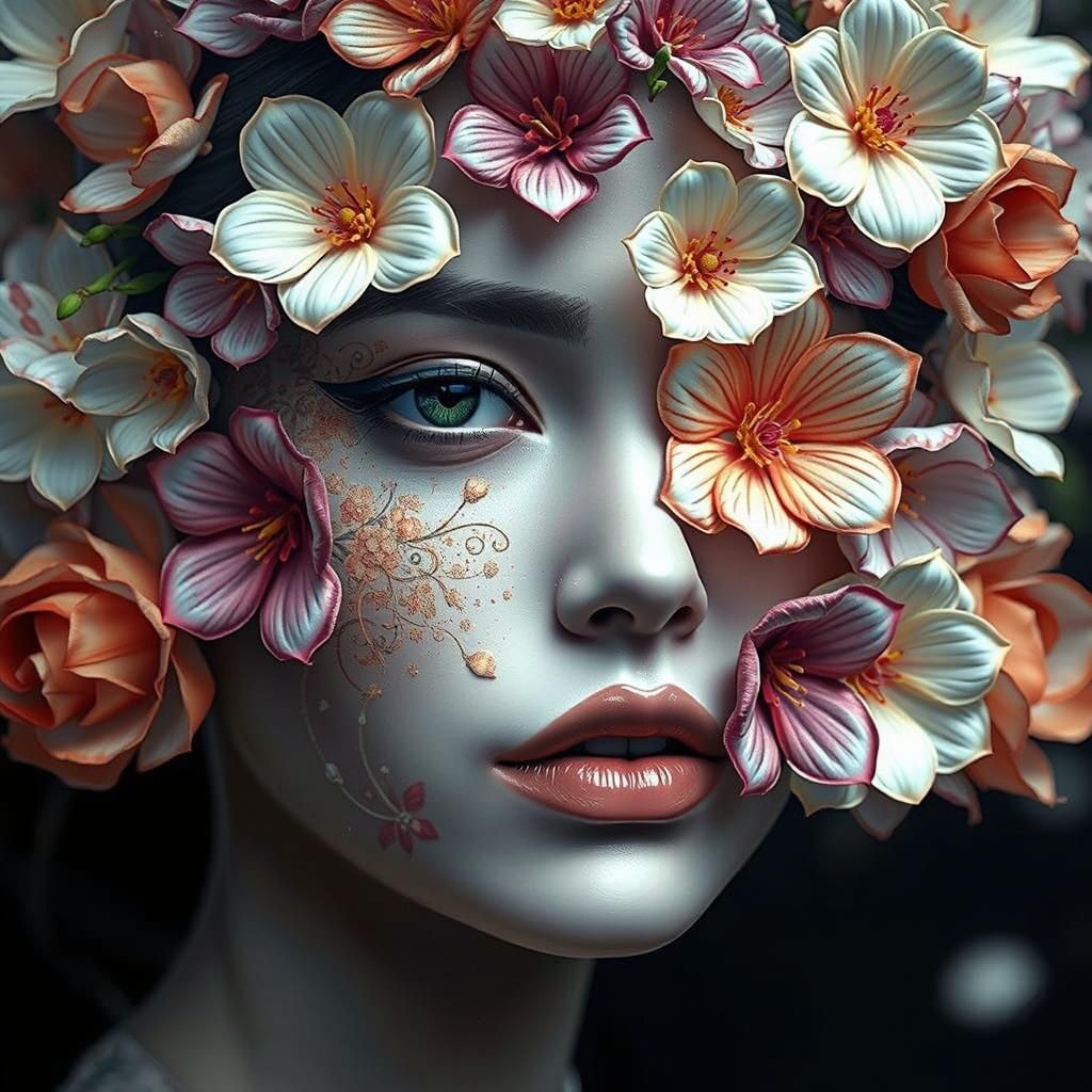 Geisha Portrait with Floral Face Art in 8K