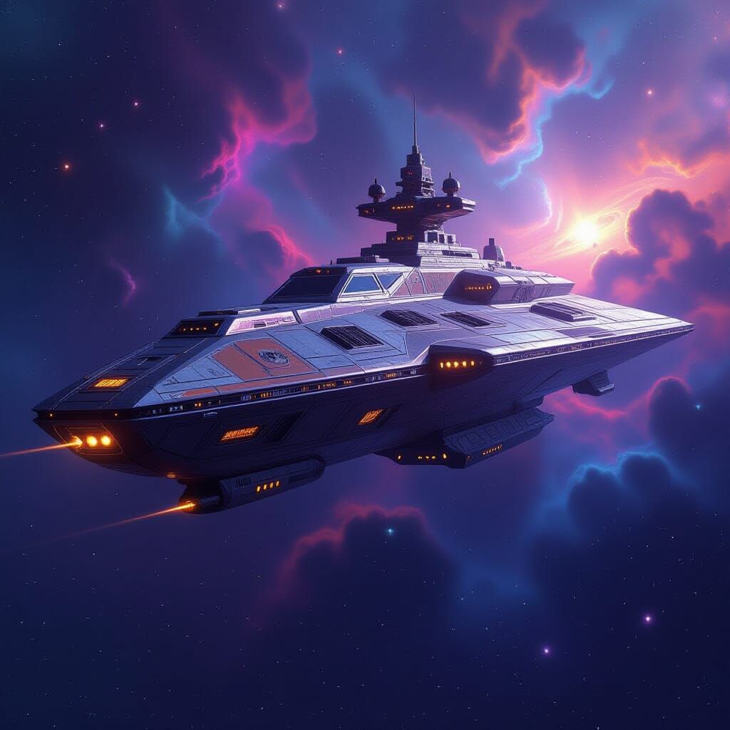 Nebula Drifting Battleship with Alien Carvings