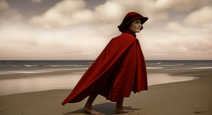Woman in Red on Beach: Autochrome Photograph