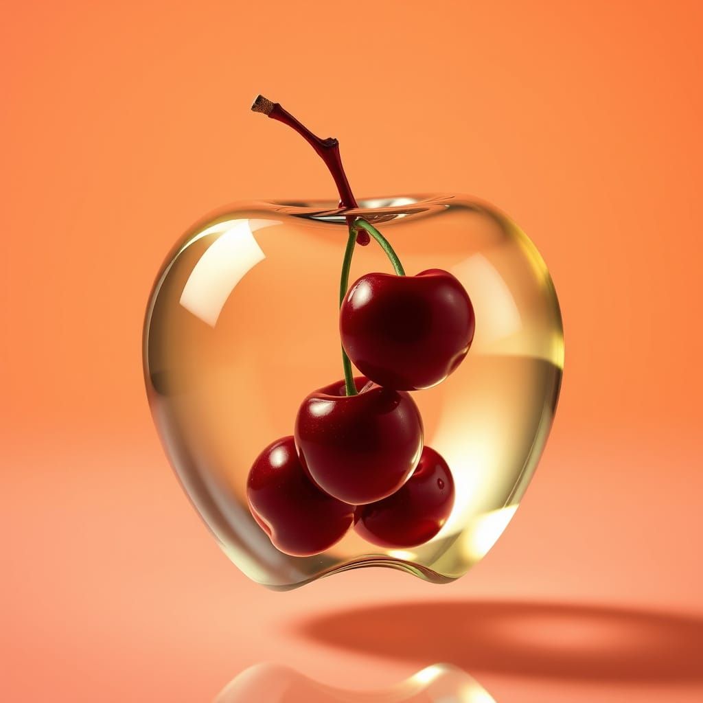 Glass Apple with Cherries in Optical 3D Illusion