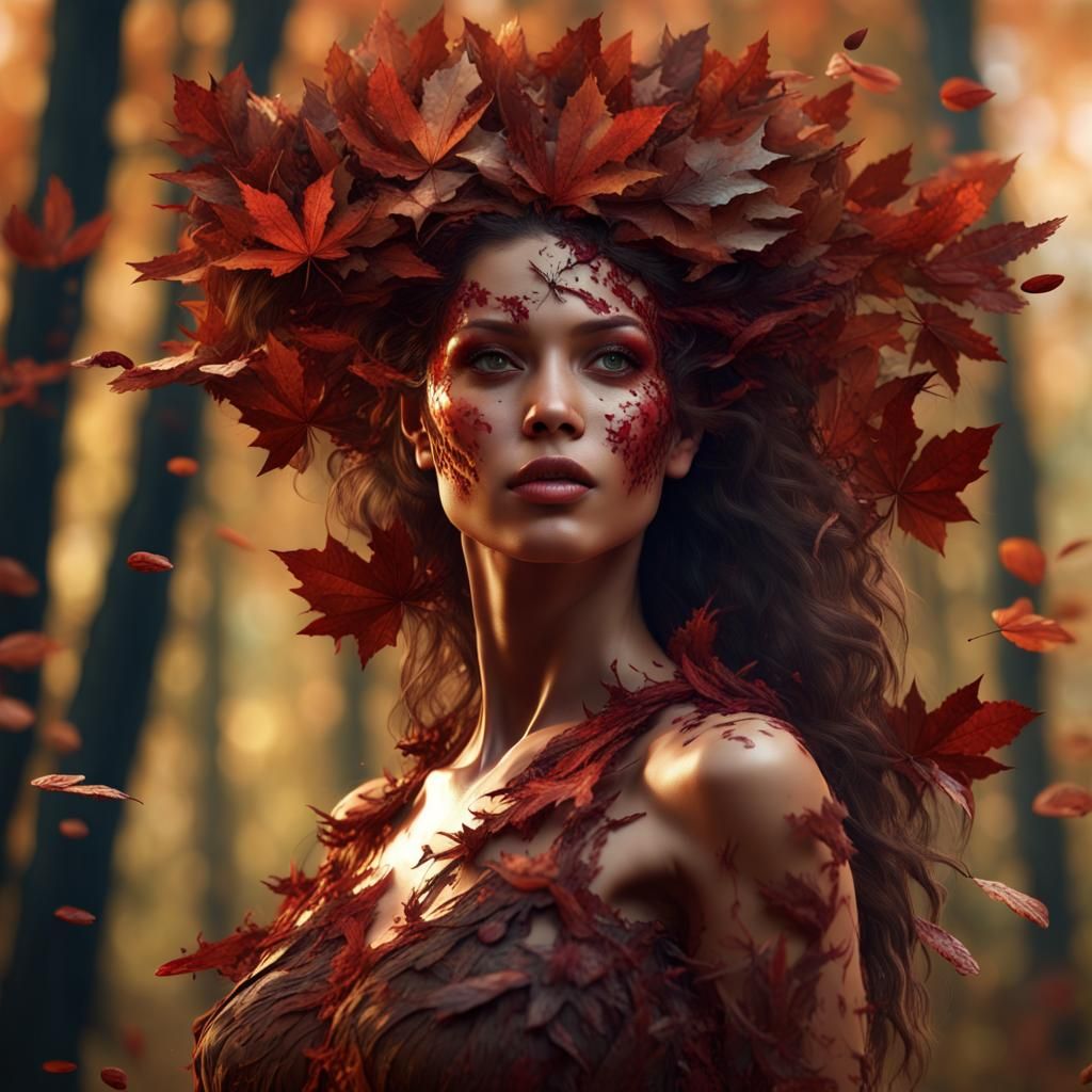 Autumnal Dryad Woman in Forest, Fantasy Concept Art
