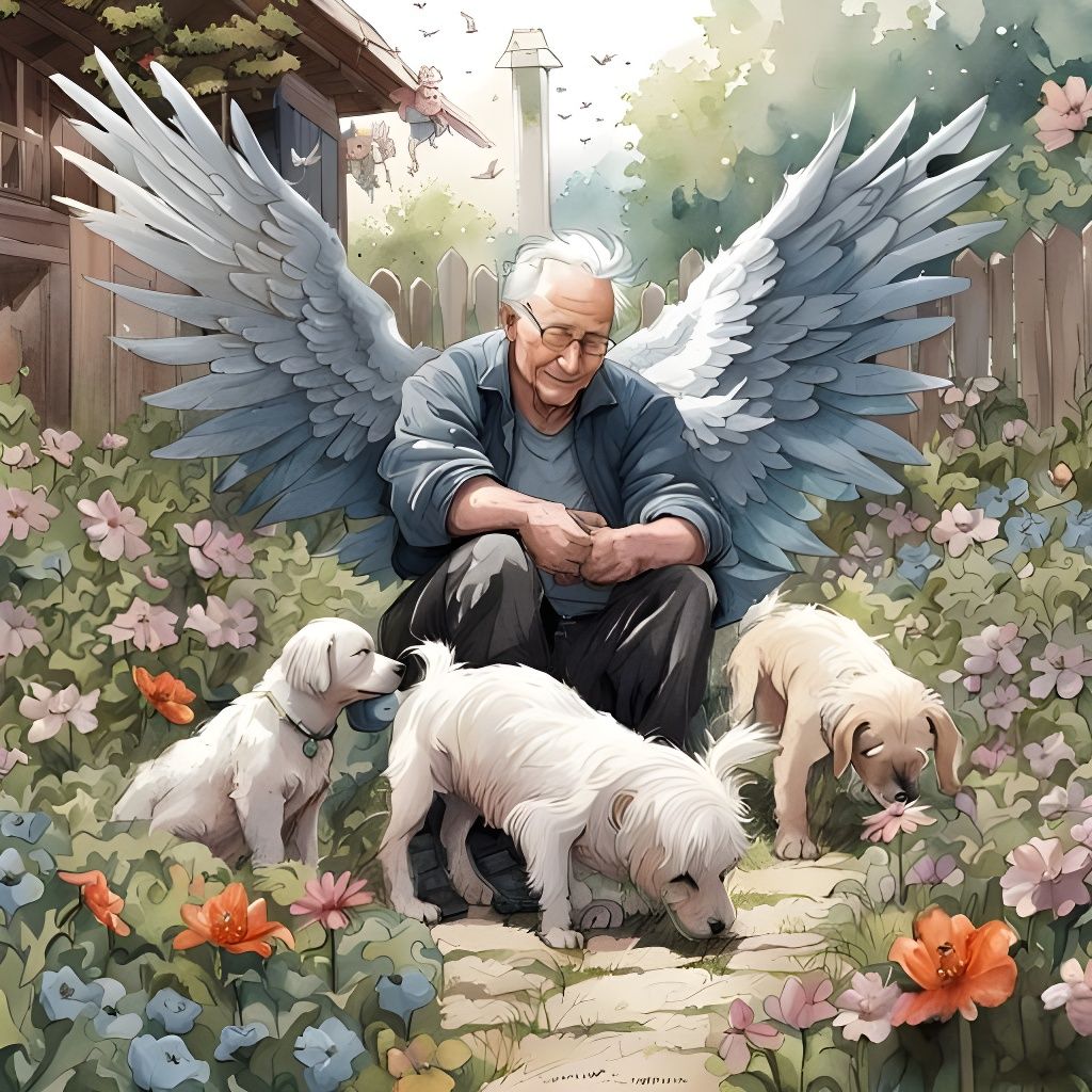 Angel Playing with Puppy in Garden Watercolor