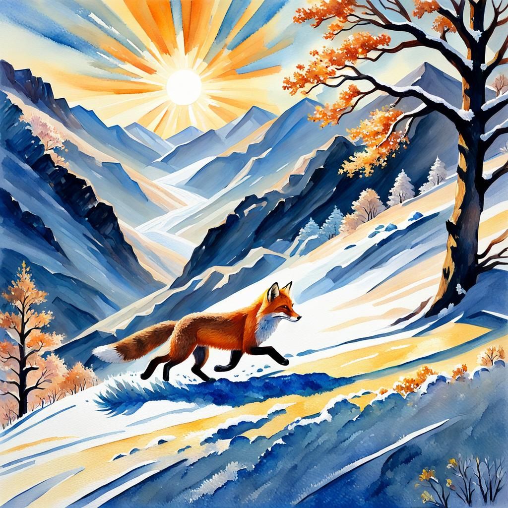 Fox Ascends Snowy Mountain: Gouache Watercolor Painting
