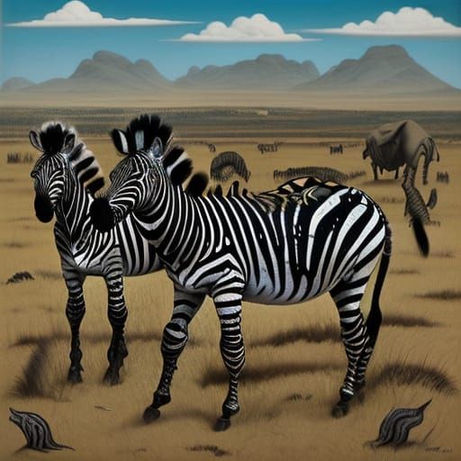 Wild Zebras on the African Savanna in Cyberpunk Style