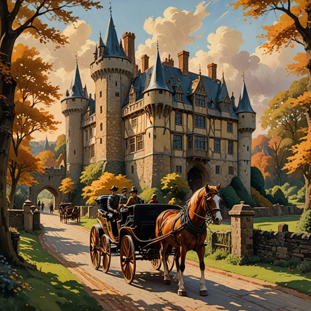Elegant Tudor pony and carriage castle  drive scenery