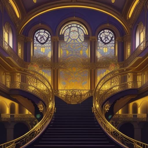Golden Mansion in Art Nouveau Style, Moonlit