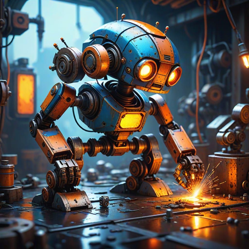 Surreal Industrial Scene with Tiny Robots in a Micro Environ...