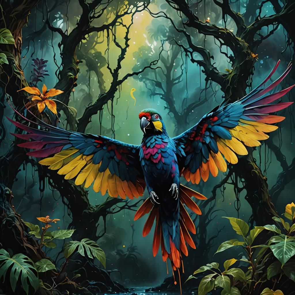 Surreal Parrot Dissolving Into Ink, Expressionist Style