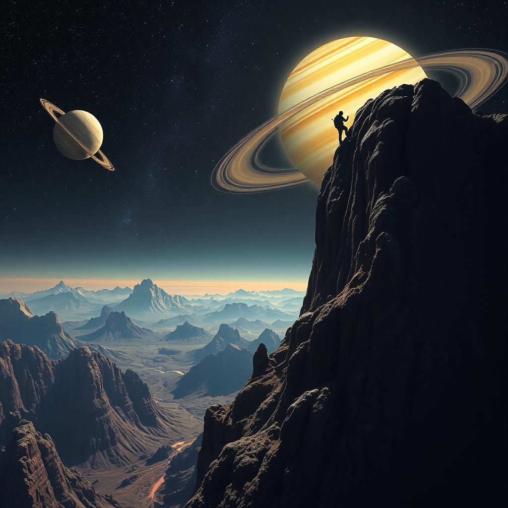 Biometric Engineer Climbing a Trippy Saturn Landscape
