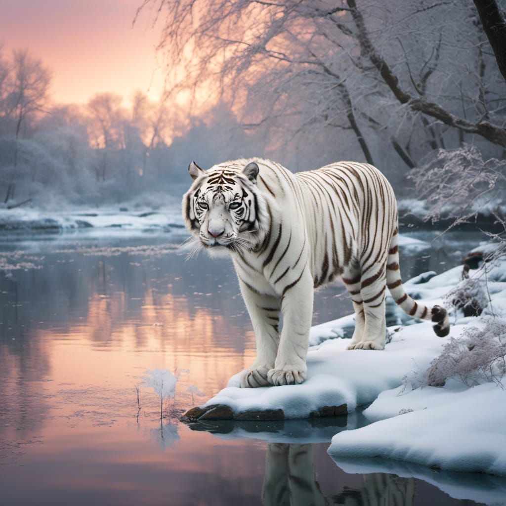 White Tiger in Winter Riverscape with Glass Effect