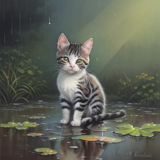 Sad Kitten in Rain: Photorealistic Watercolor Painting