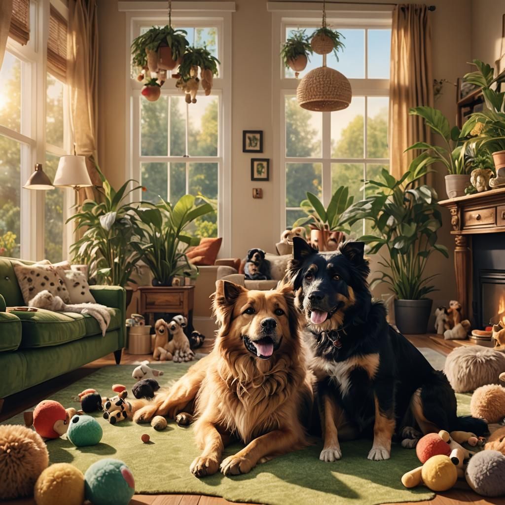 Cozy Dogs Lounging in a Sunlit Living Room
