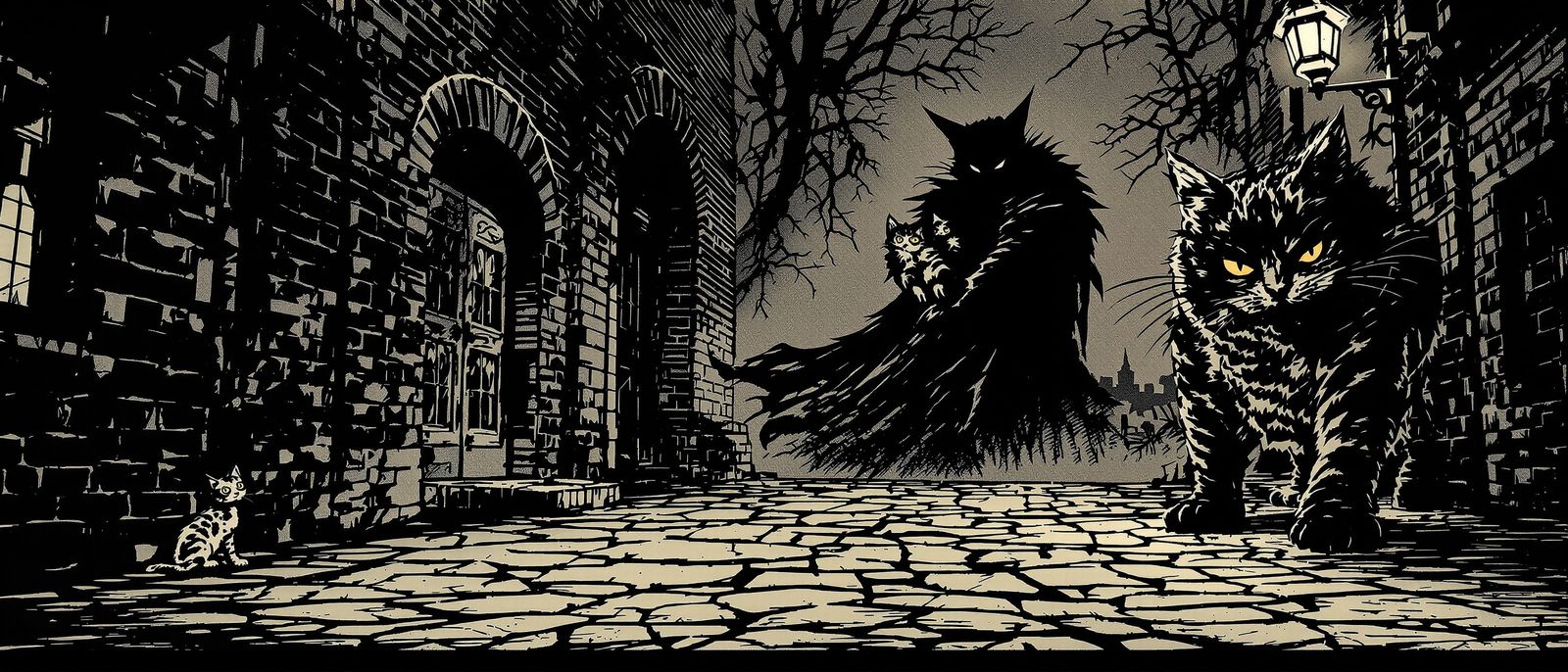 Fierce Mother Cat Protects Kittens in Dark Fantasy Style