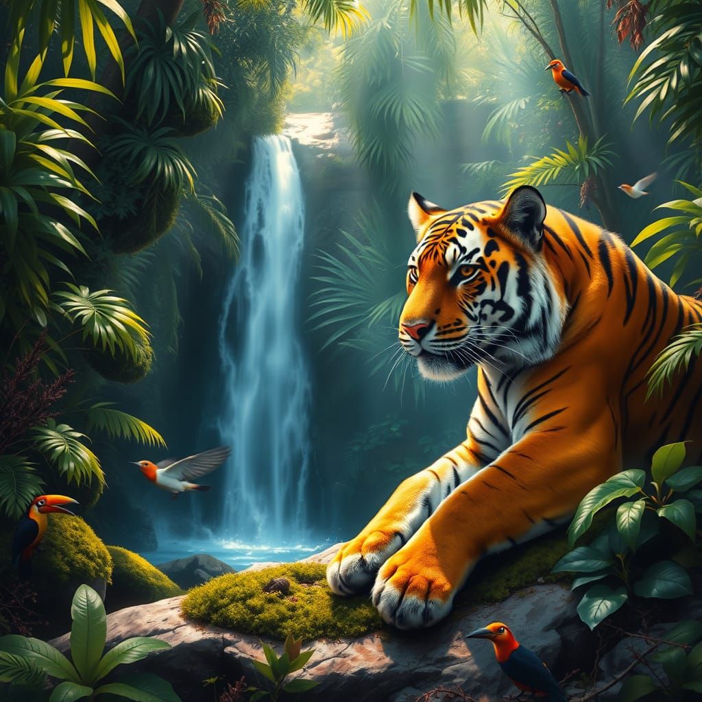 Majestic Bengal Tiger Lounging in Jungle Waterfall