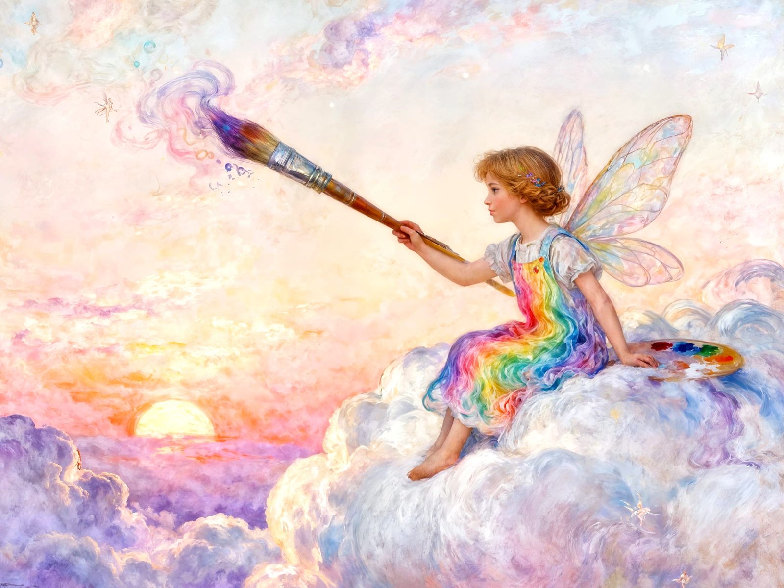 Fairy Paints Morning Clouds with Giant Brush in Surreal Styl...