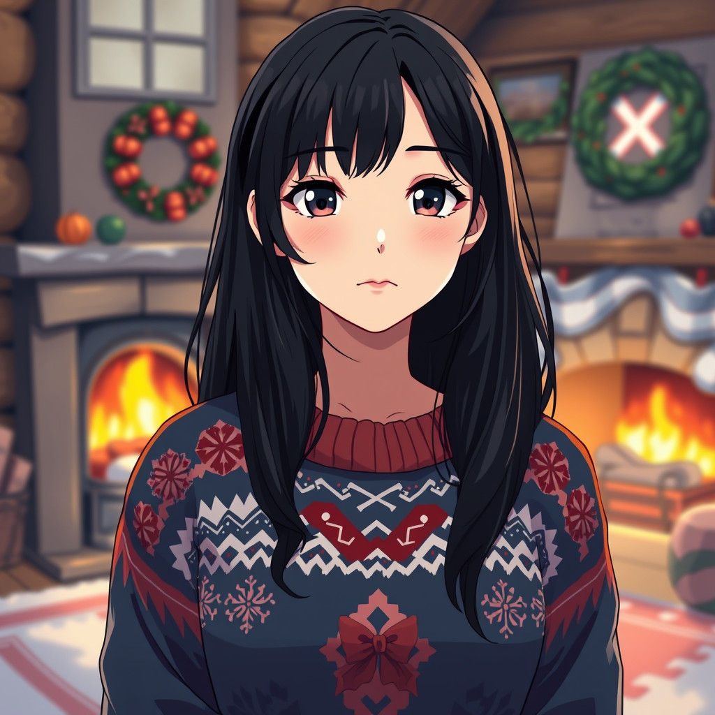 Festive Anime Woman in Christmas Sweater Portrait