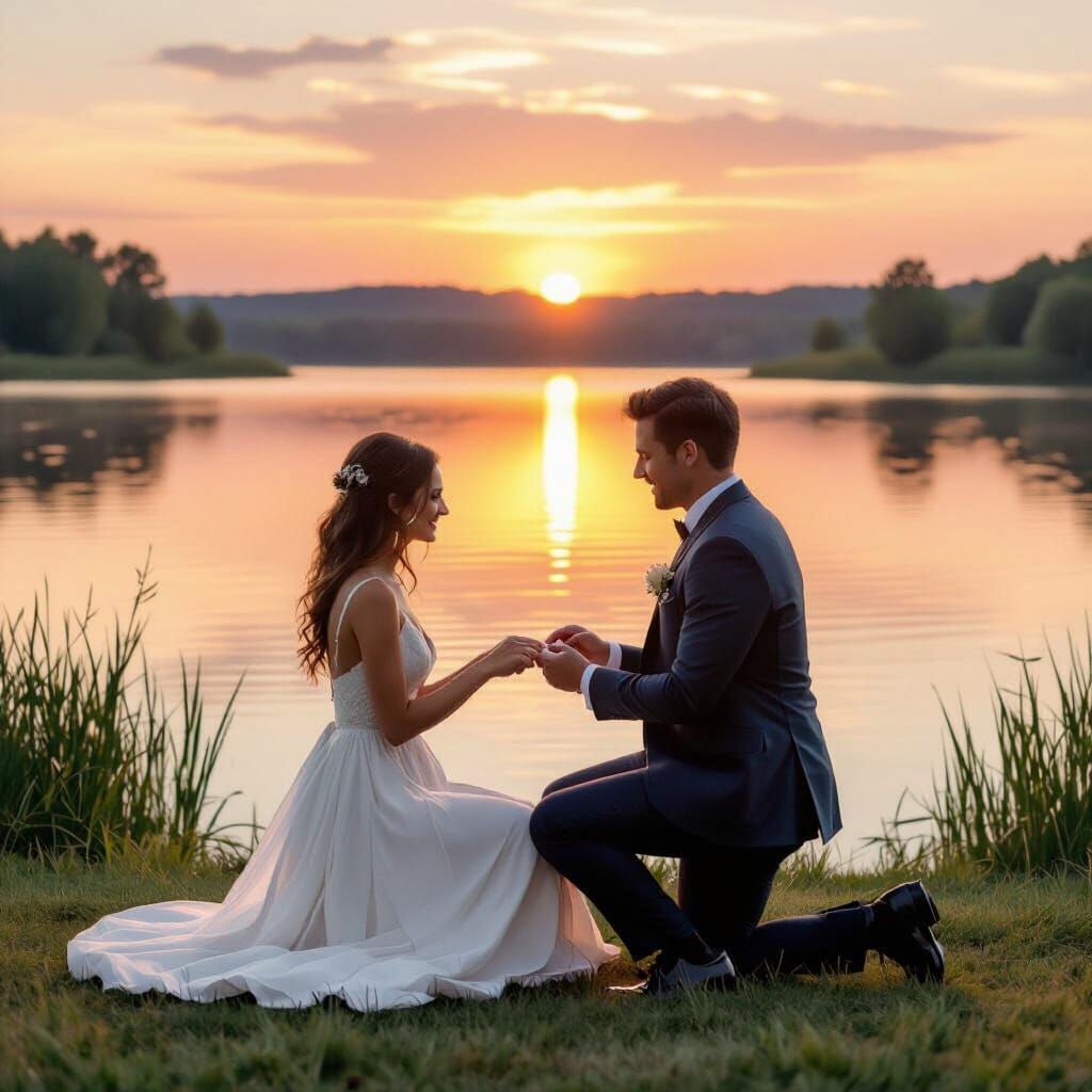 Romantic Lakeside Proposal at Sunset, Impressionist Style