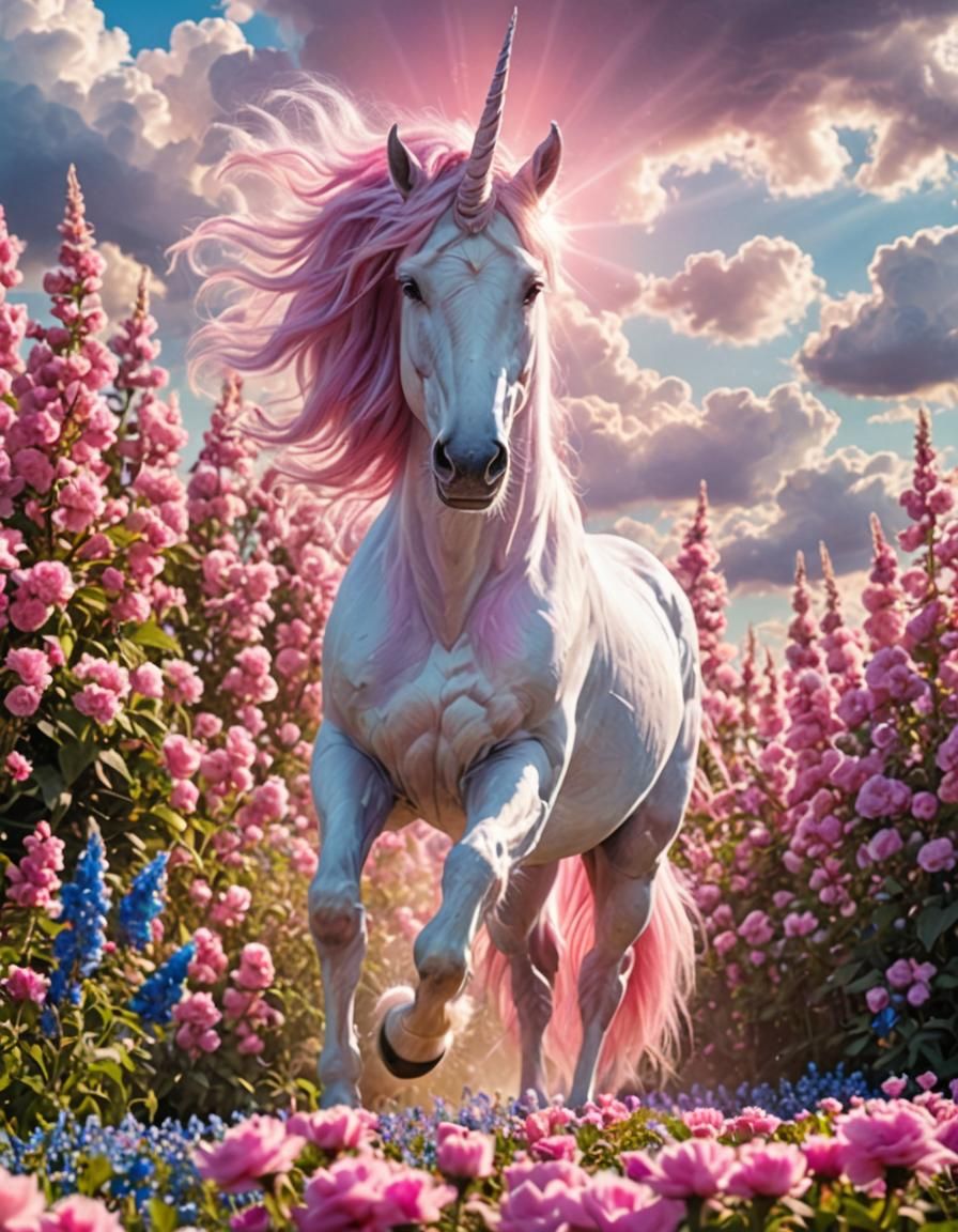 Majestic Pink Unicorn in a Dreamy Flower Field