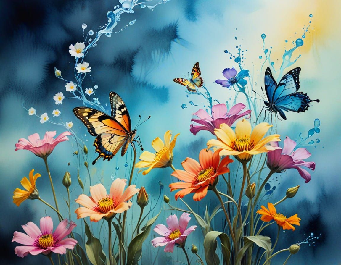 Surreal Watercolor Wren Among Flowers