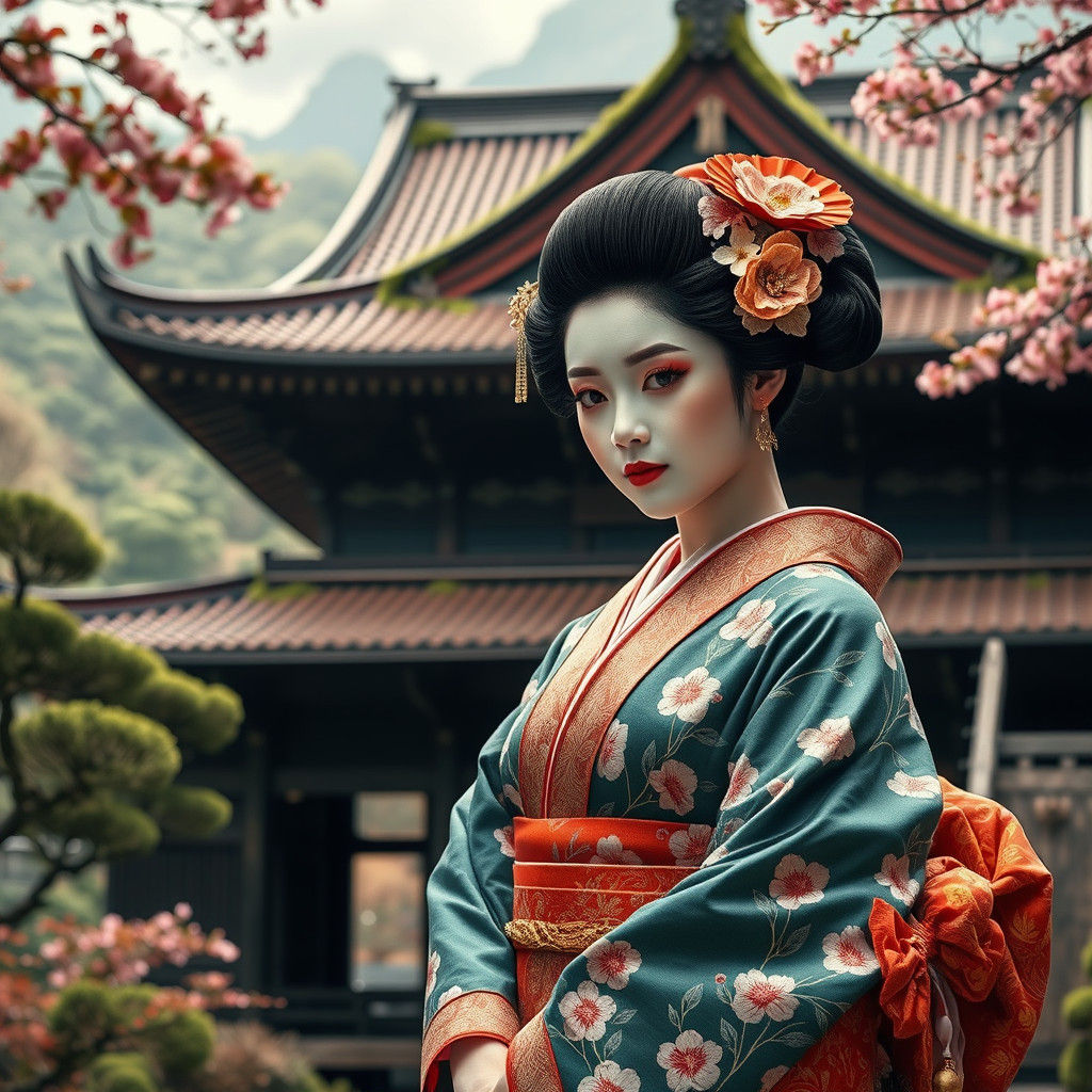 Geisha in Kimono at Temple, Ukiyo-e Style