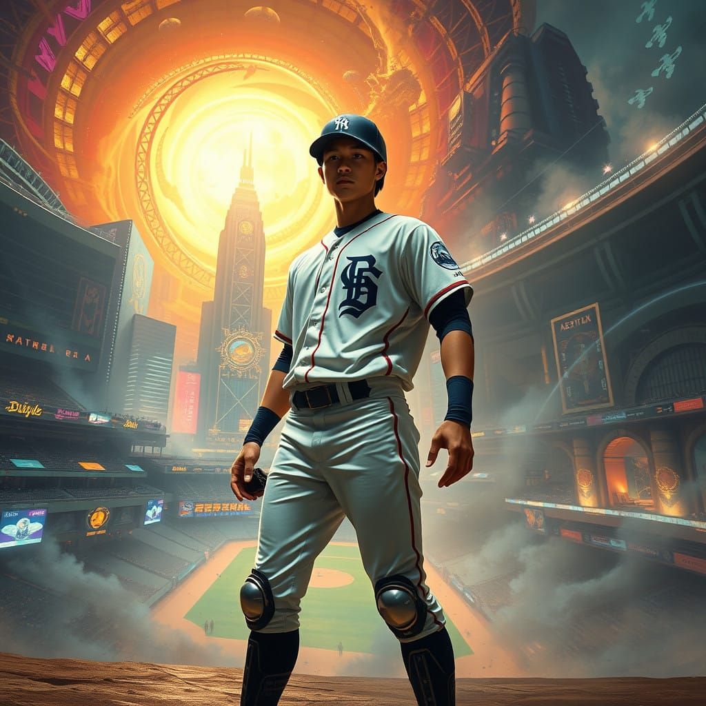Heroic Baseball Player in Dystopian Futuristic Stadium