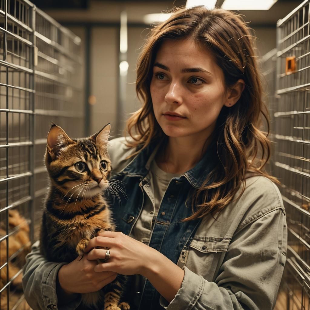 Woman Holds Tortoiseshell Kitten in Animal Shelter