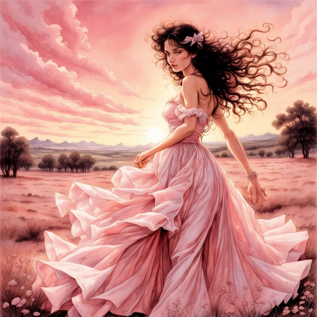 Pink Meadow Dance: Pastel Book Illustration