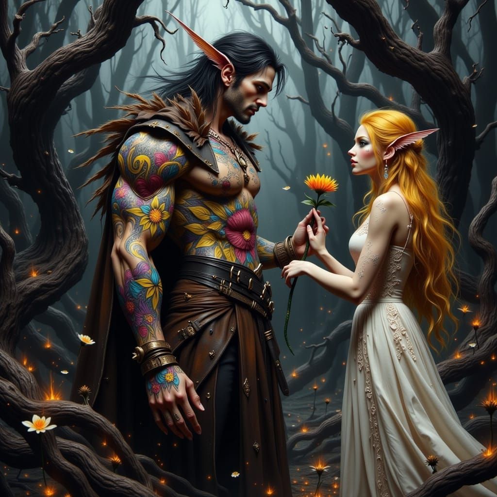 Macabre Fae Beckons Timid Beauty in Dark Fantasy Landscape