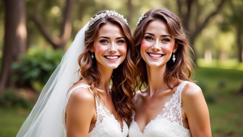 Happy Mixed-Race Lesbian Couple on Wedding Day