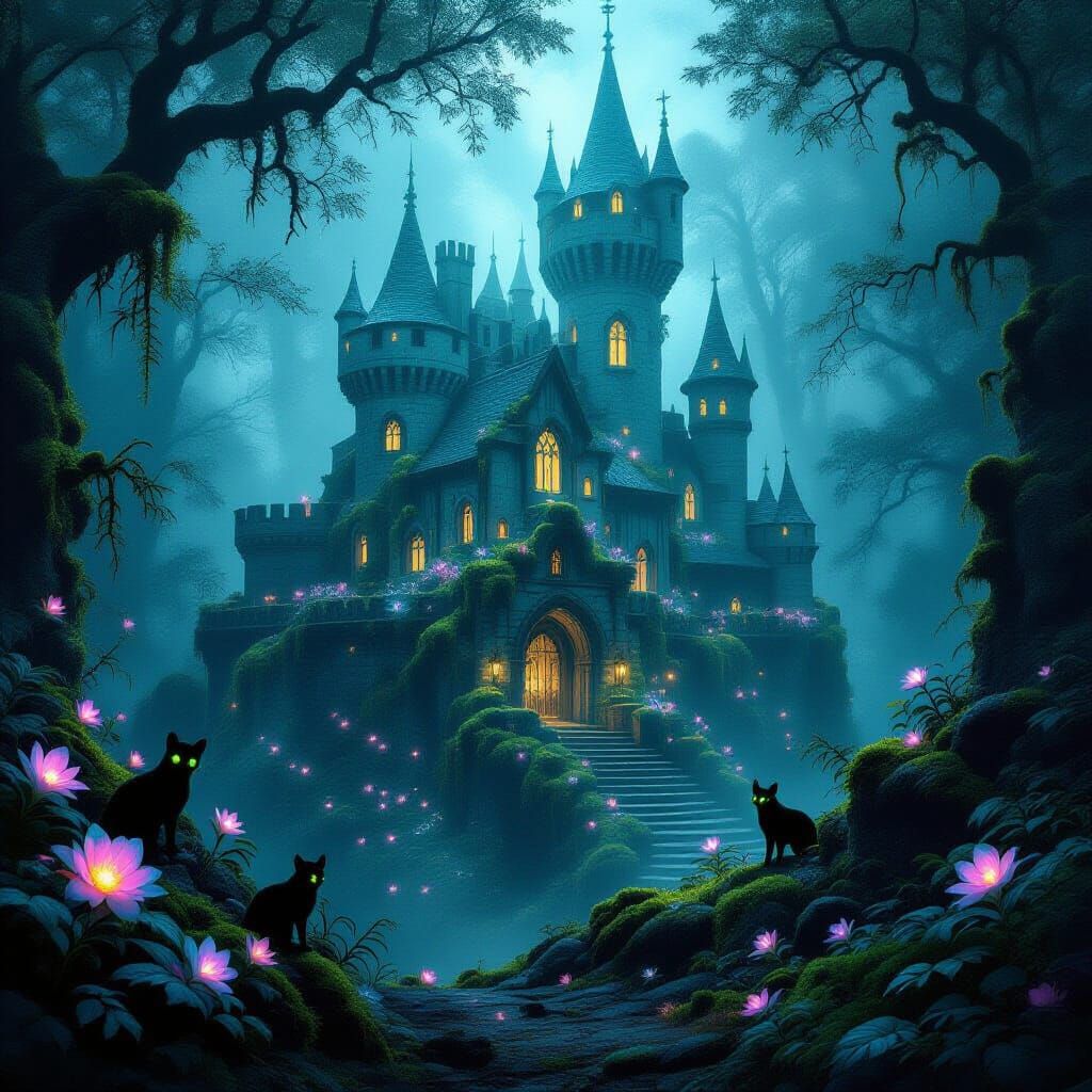 Enchanted Forest Castle Overgrown with Luminous Flora