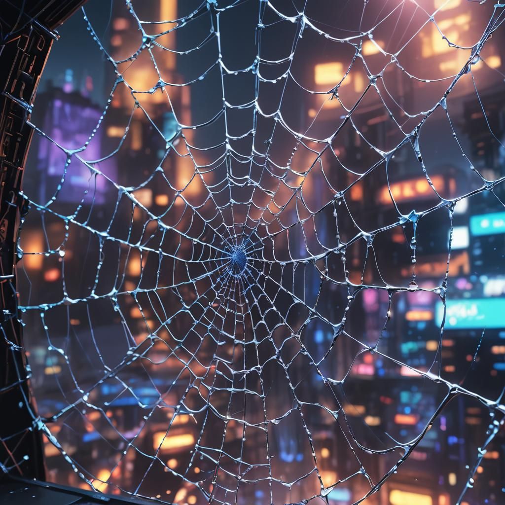 Cyberpunk Spiderweb Connecting Clouds to Computer