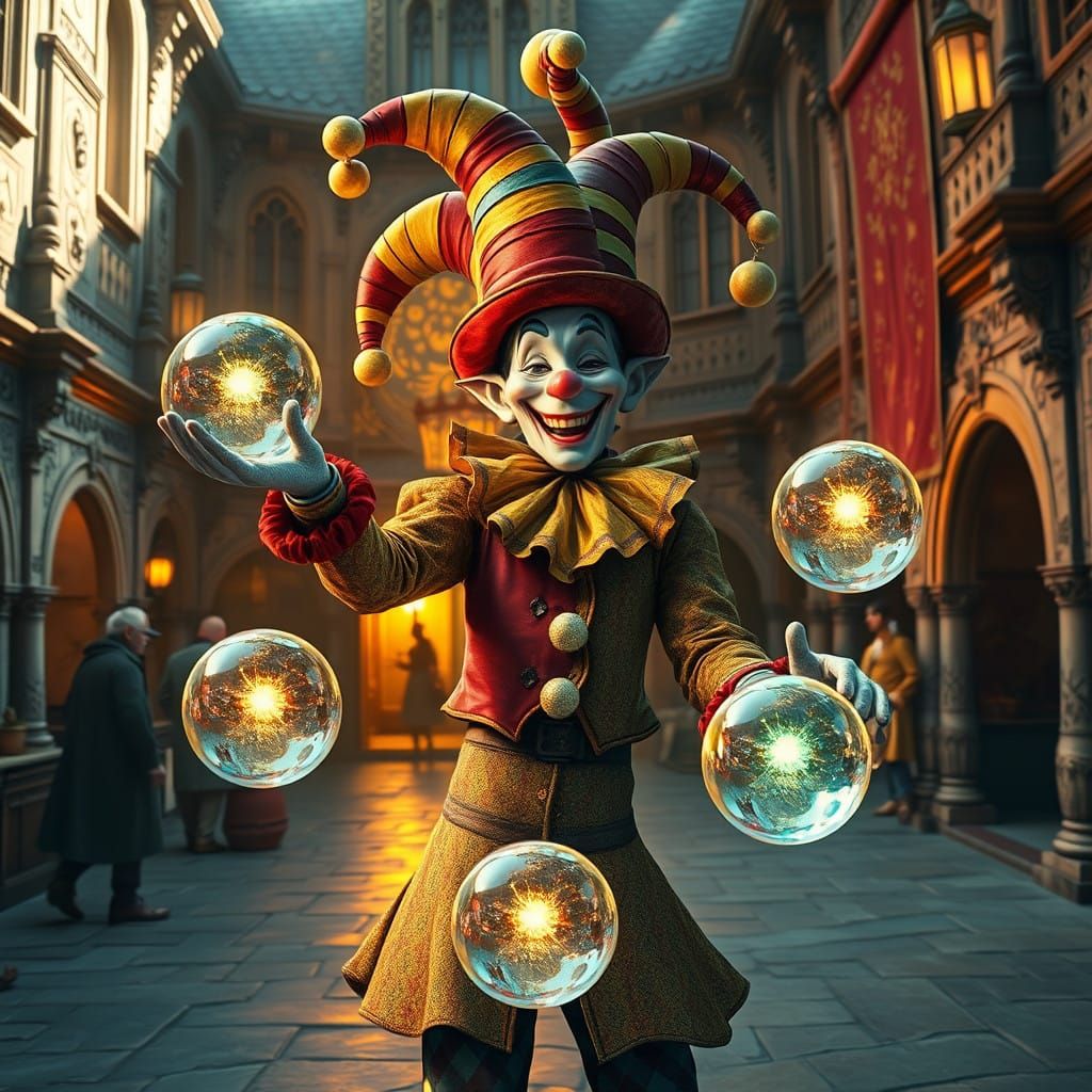 Whimsical Jester in a Vibrant Medieval Courtyard