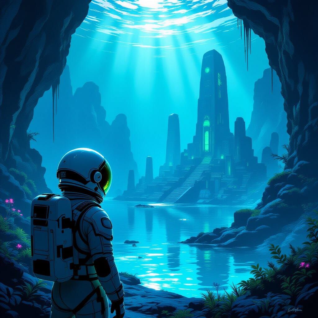 Astronaut Explores Submerged Alien City in Bioluminescent Oc...
