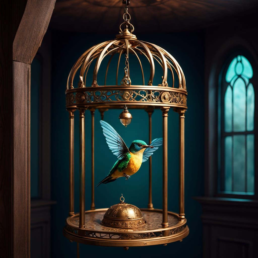 Ethereal Hummingbird Trapped in Ornate Golden Cage in Dusty ...