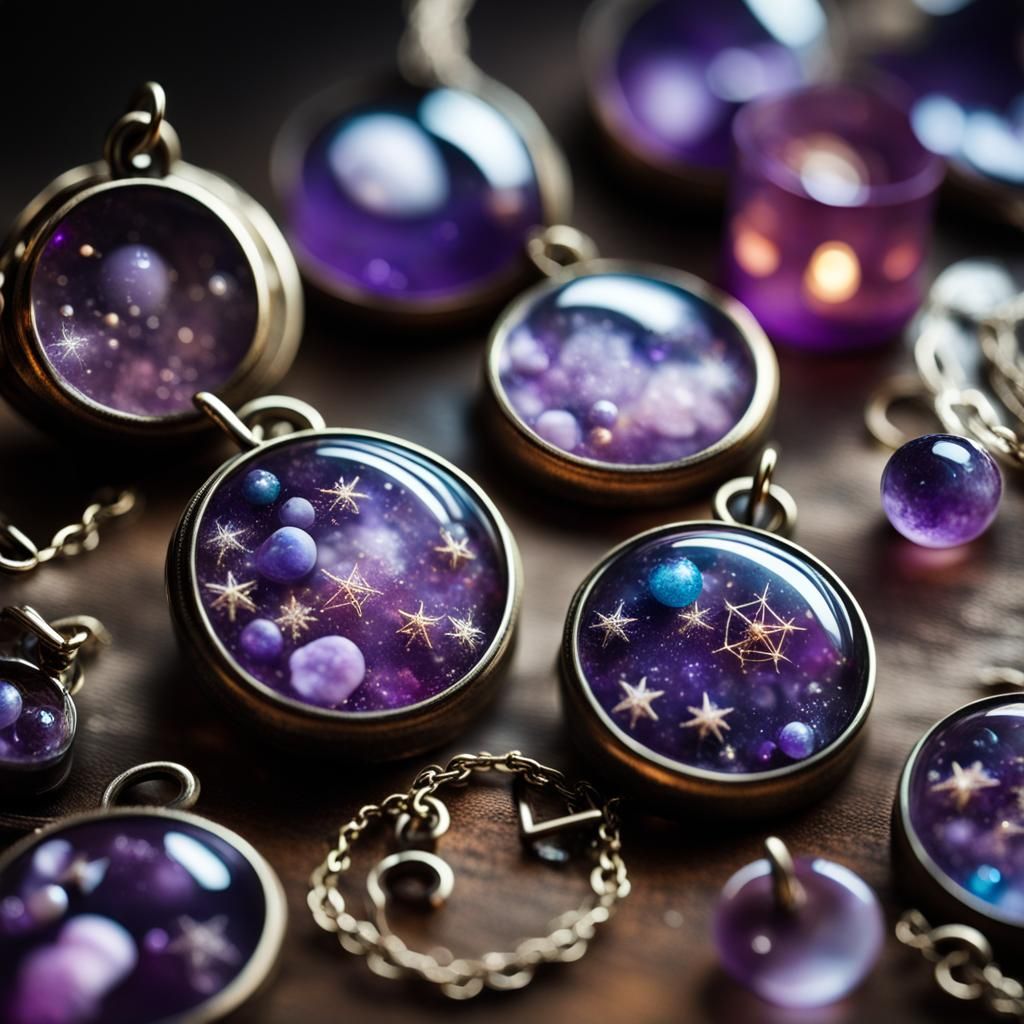Resin Constellation Charms with Amethyst, Hyperrealistic Ima...